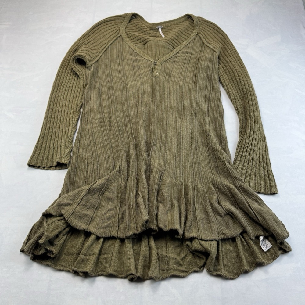 Free People Boho Knit Sweater Dress Women's Large Olive Ruffle Tunic
